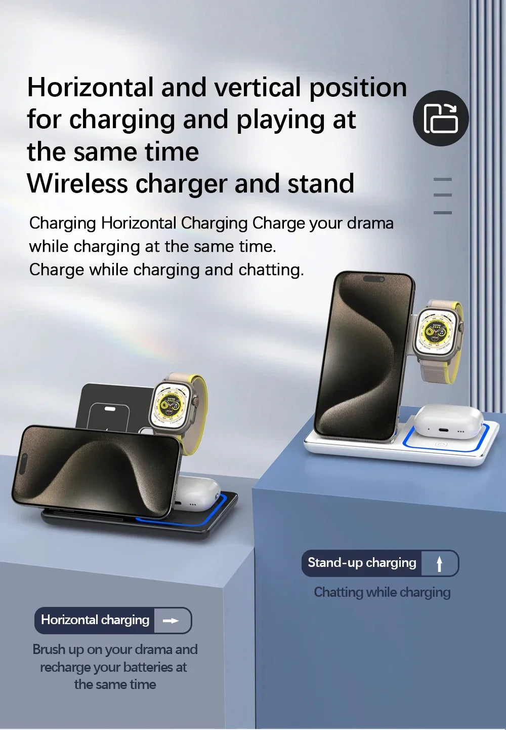3-in-1 Fast Wireless Charger Stand with LED – Foldable for iPhone & Apple Watch