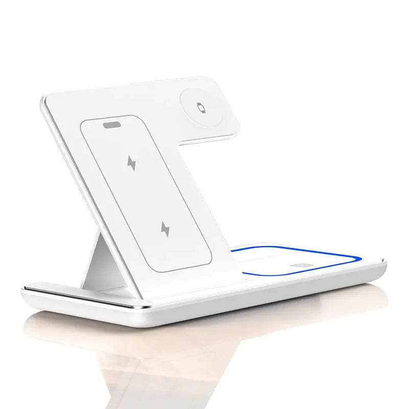 3-in-1 Fast Wireless Charger Stand with LED – Foldable for iPhone & Apple Watch