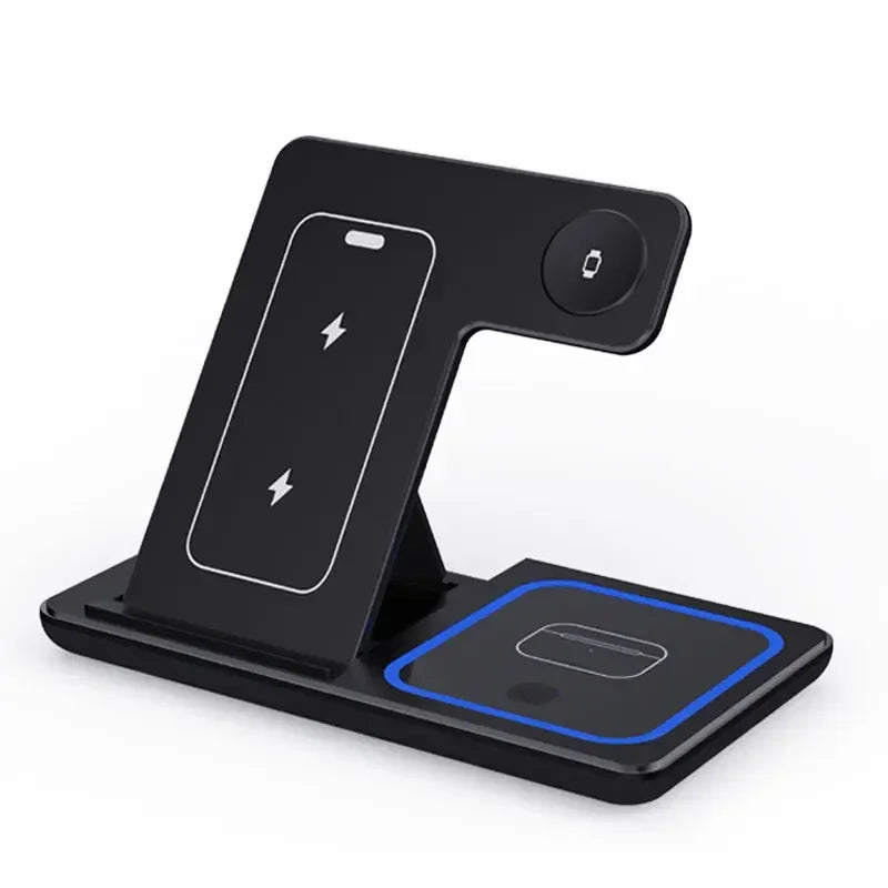 3-in-1 Fast Wireless Charger Stand with LED – Foldable for iPhone & Apple Watch