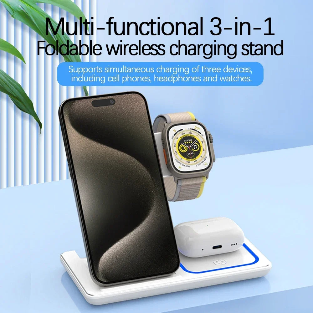 3-in-1 Fast Wireless Charger Stand with LED – Foldable for iPhone & Apple Watch