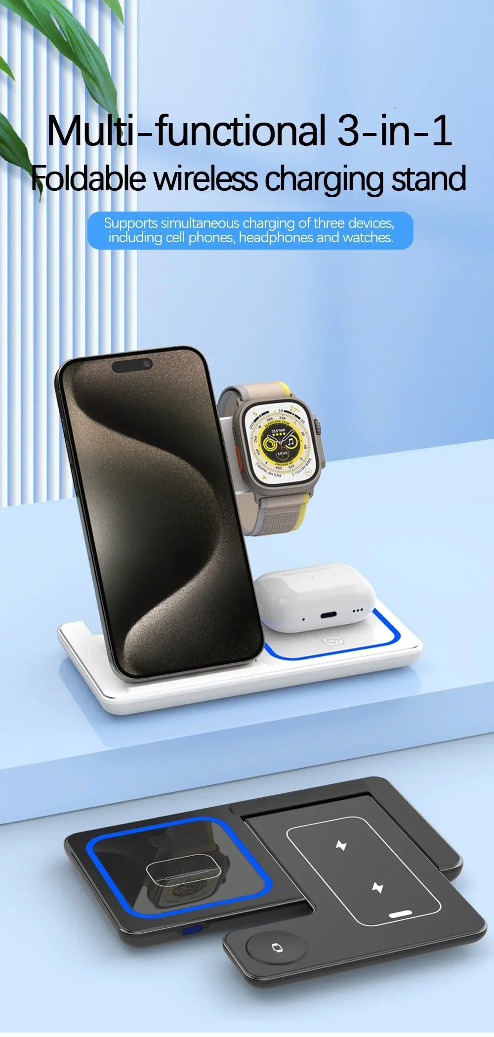 3-in-1 Fast Wireless Charger Stand with LED – Foldable for iPhone & Apple Watch