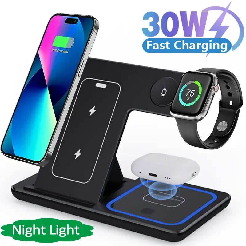 3-in-1 Fast Wireless Charger Stand with LED – Foldable for iPhone & Apple Watch