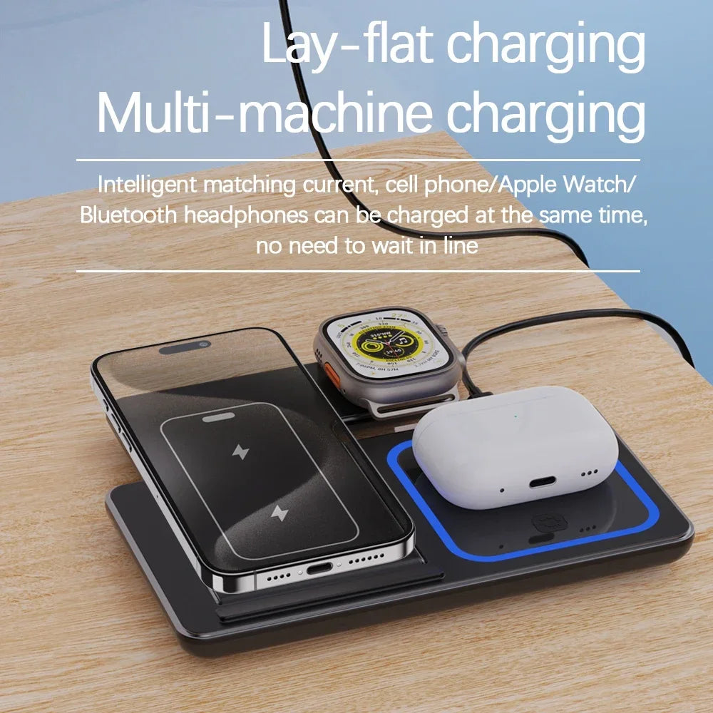 3-in-1 Fast Wireless Charger Stand with LED – Foldable for iPhone & Apple Watch